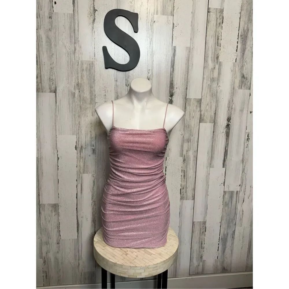 Pink Glitter Ruched Bodycon Mini Dress Spaghetti Strap Party Club Size S
